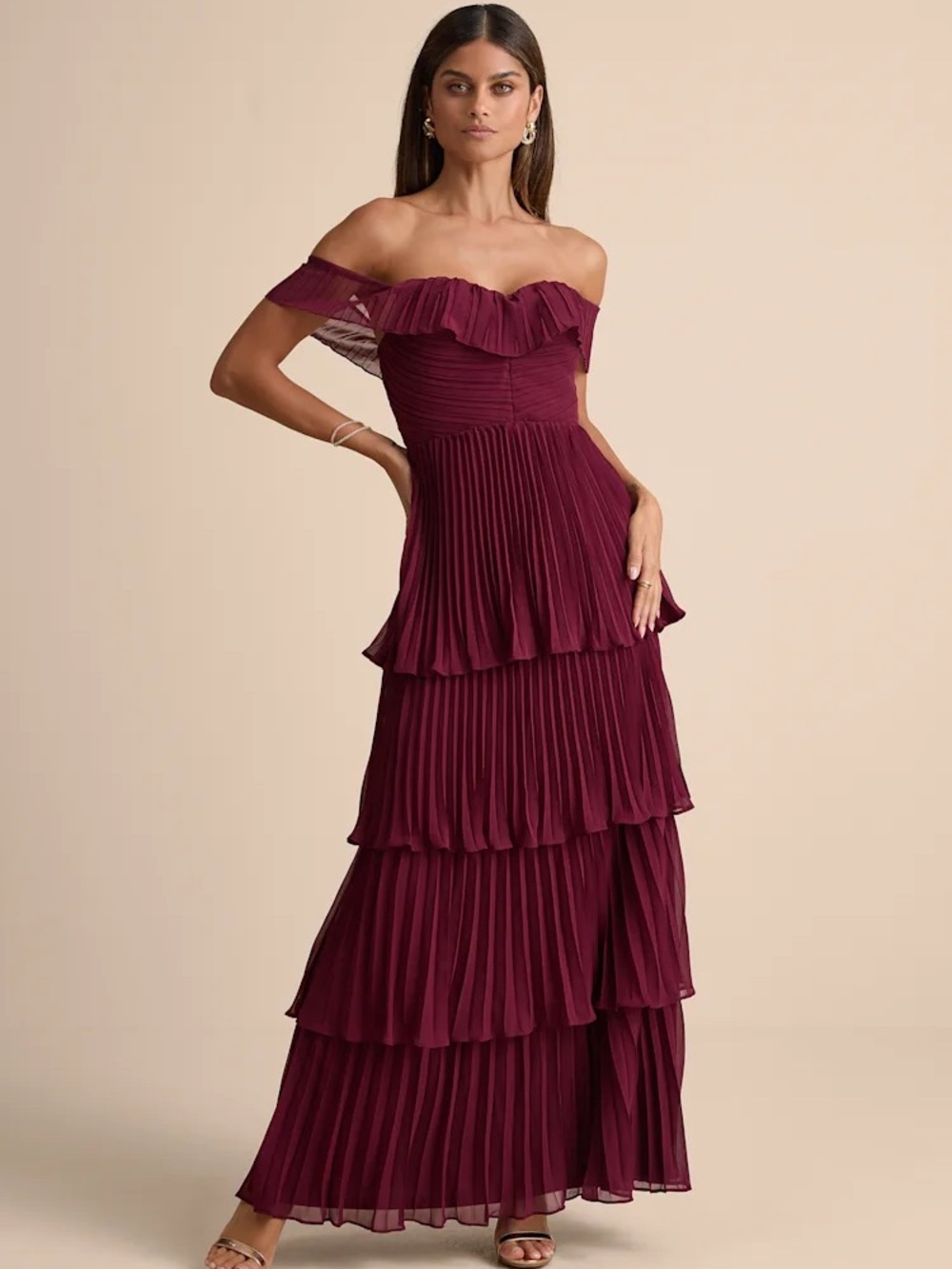 Always Remarkable Burgundy Pleated Off-the-Shoulder Maxi Dress